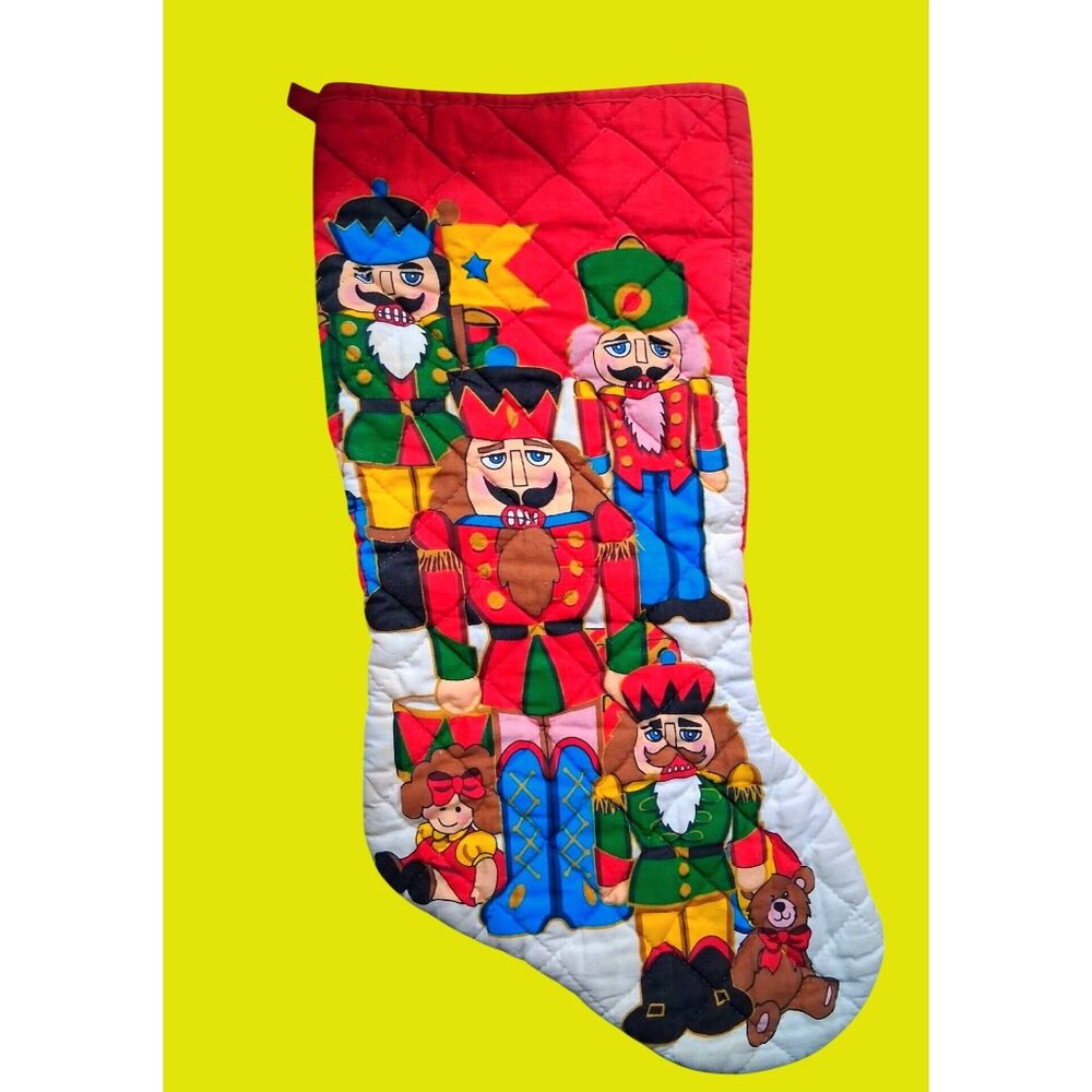 Quilted Christmas Stocking With Nutcracker Design Red Backing